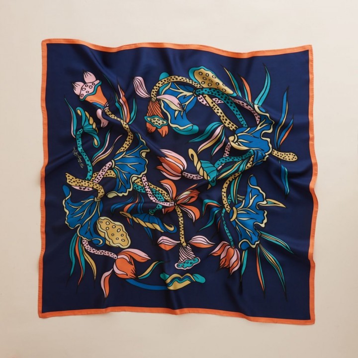 Navy silk scarf printed with lotus ( Liên hoa vũ scarf )